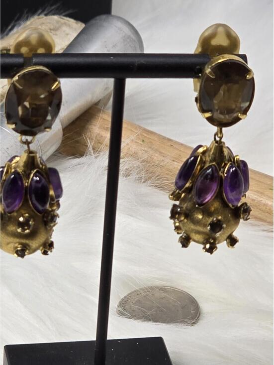 Estate Jewelry - Vintage Amethyst Cabochon Dangle Drop Clip Earrings Estate